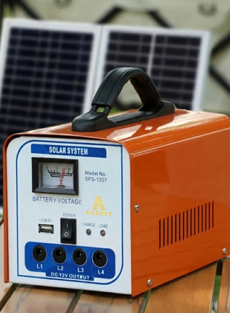 ACCEPT A solar energy system with a 12 volt solar panel, 4 bulbs, and a mobile charger outlet, suitable for camping and trips - Image 1